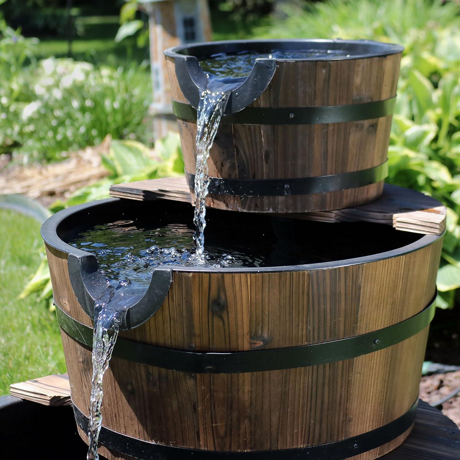 image:imageSunnydaze 2Tier Wood Barrel Water Fountain 34Inch Vintage Water Pump Fountain with Submersible Pump for Garden Patio Decks30 H 3Tier