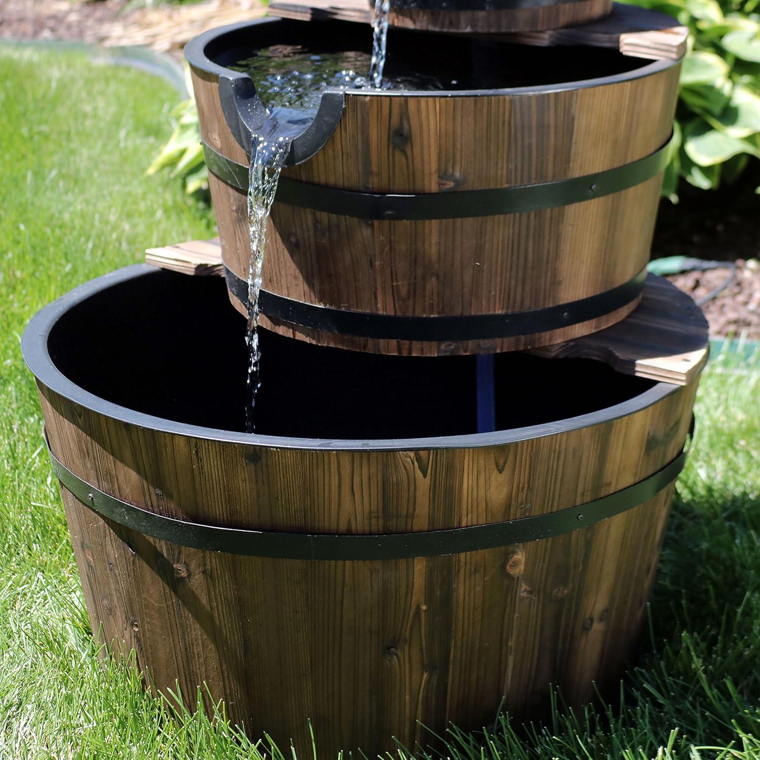 image:imageSunnydaze 2Tier Wood Barrel Water Fountain 34Inch Vintage Water Pump Fountain with Submersible Pump for Garden Patio Decks30 H 3Tier