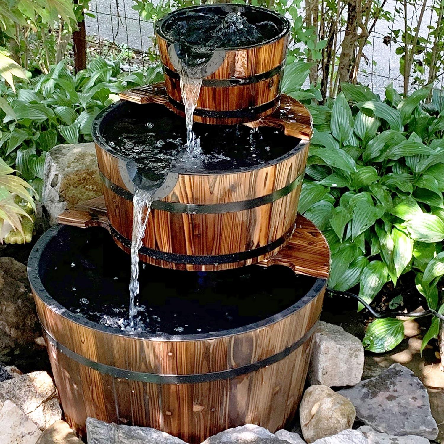 image:imageSunnydaze 2Tier Wood Barrel Water Fountain 34Inch Vintage Water Pump Fountain with Submersible Pump for Garden Patio Decks30 H 3Tier
