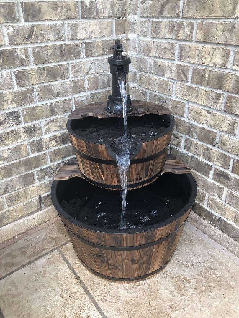image:imageSunnydaze 2Tier Wood Barrel Water Fountain 34Inch Vintage Water Pump Fountain with Submersible Pump for Garden Patio Decks34 H 2Tier