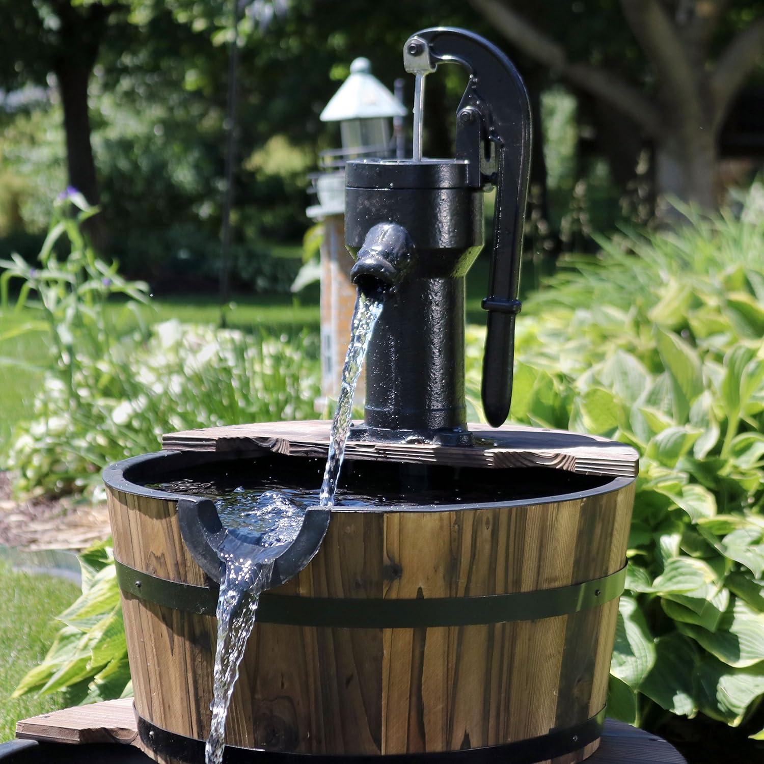 image:imageSunnydaze 2Tier Wood Barrel Water Fountain 34Inch Vintage Water Pump Fountain with Submersible Pump for Garden Patio Decks34 H 2Tier
