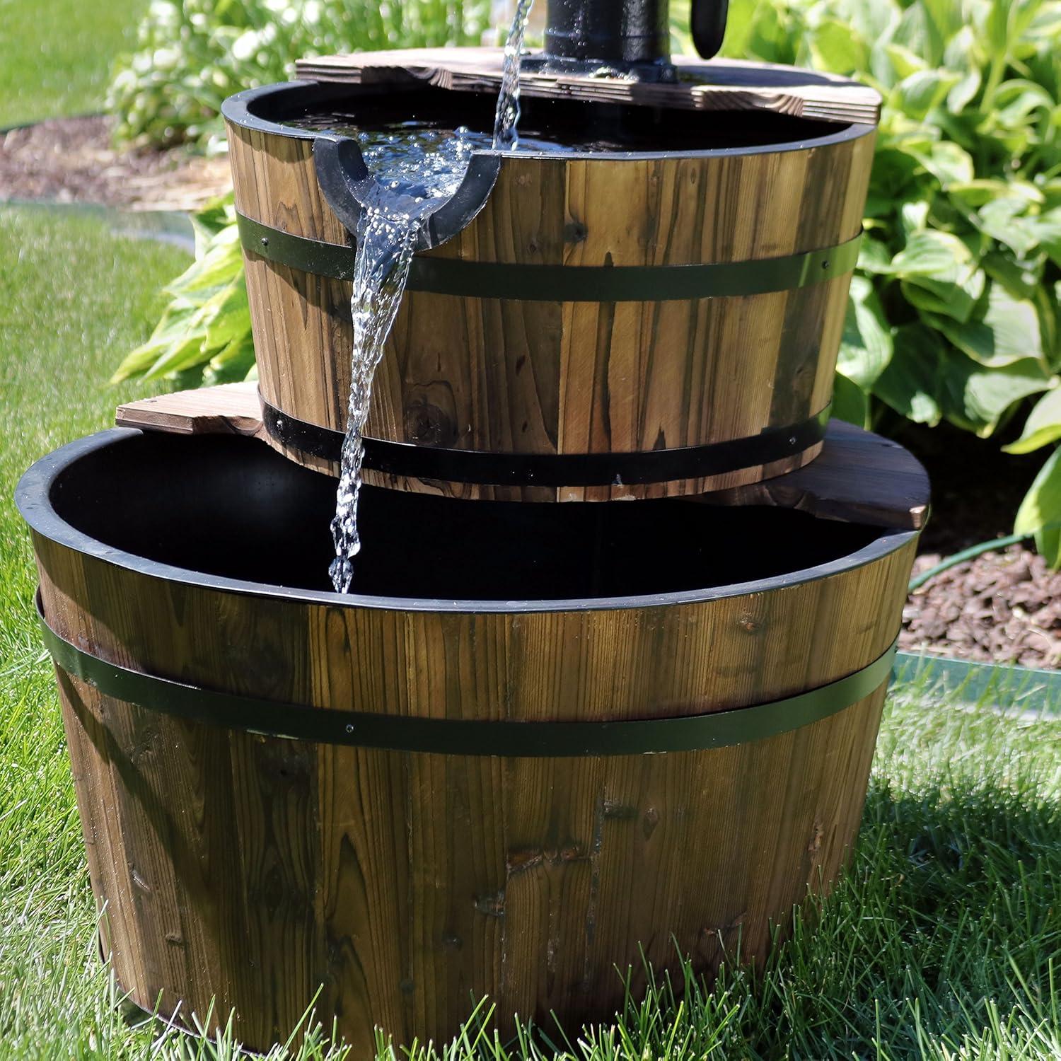 image:imageSunnydaze 2Tier Wood Barrel Water Fountain 34Inch Vintage Water Pump Fountain with Submersible Pump for Garden Patio Decks34 H 2Tier