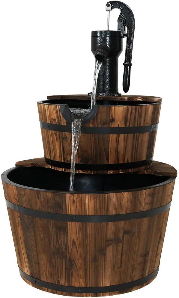 image:imageSunnydaze 2Tier Wood Barrel Water Fountain 34Inch Vintage Water Pump Fountain with Submersible Pump for Garden Patio Decks34 H 2Tier