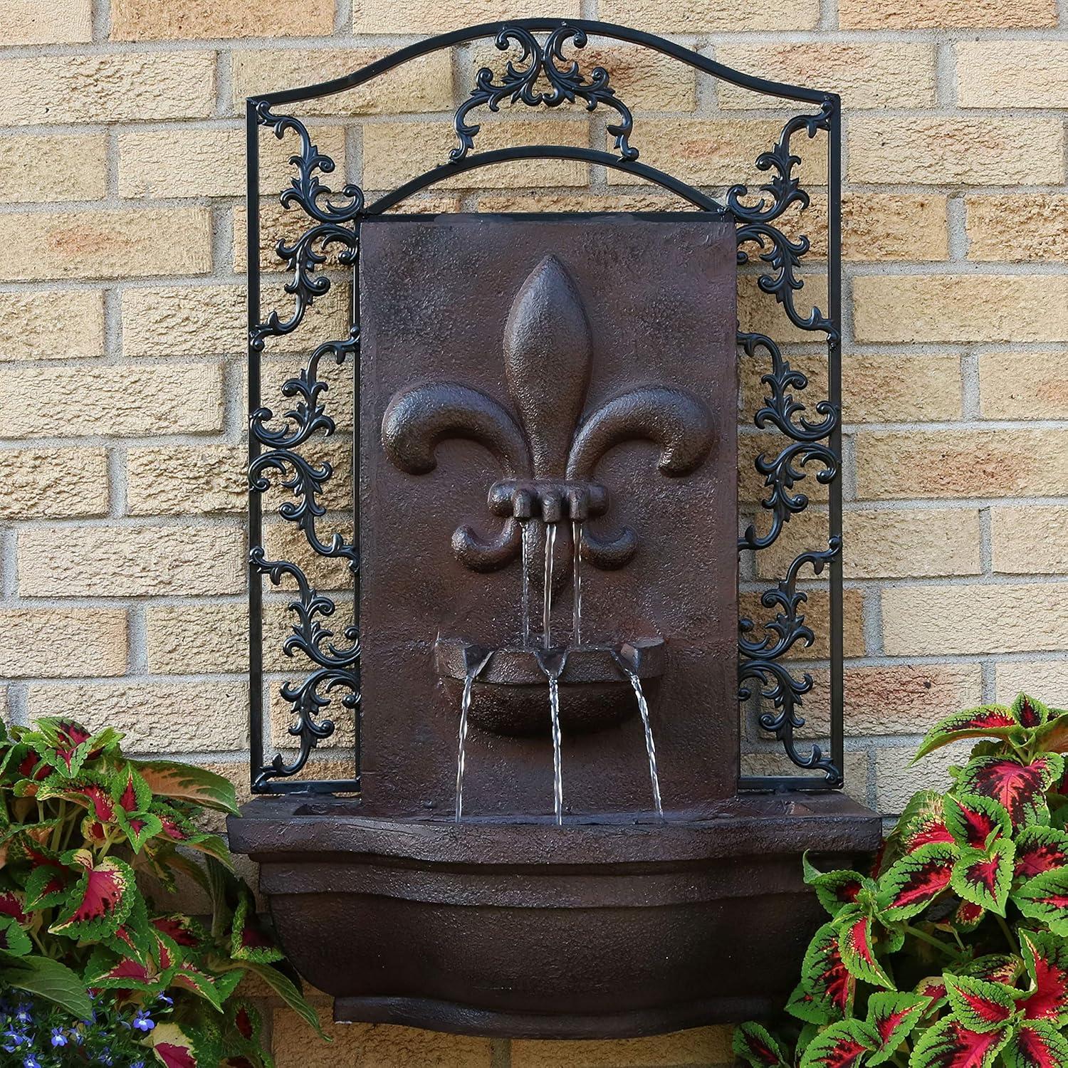 image:imageSunnydaze 33 Outdoor Wall Water Fountain with Pump and Panel Florentine Finish French Lily SolarPoweredIron