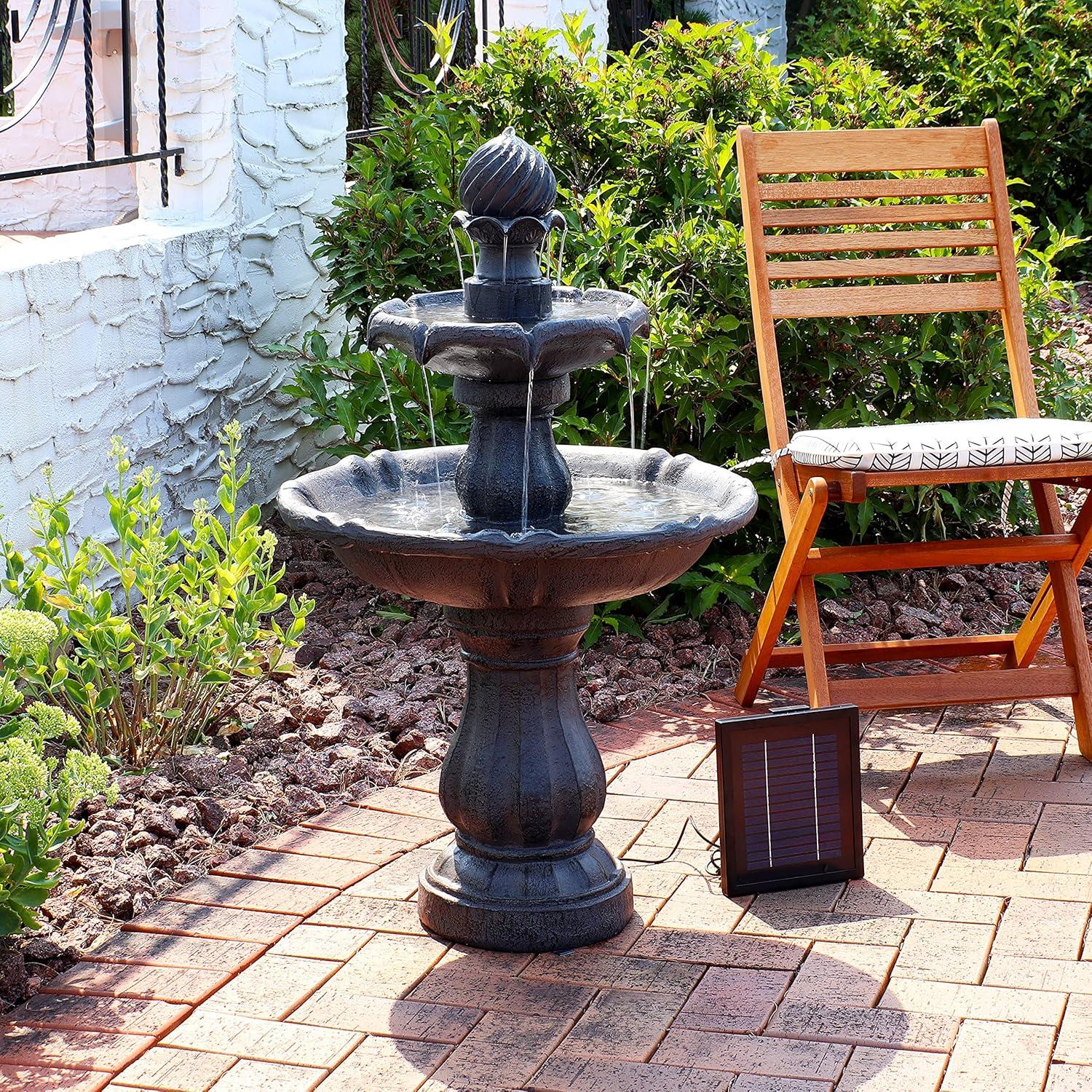 image:imageSunnydaze 35 Solar 2Tier Outdoor Water Fountain Outdoor Water Fountain with Battery Backup and Pump EarthBlack