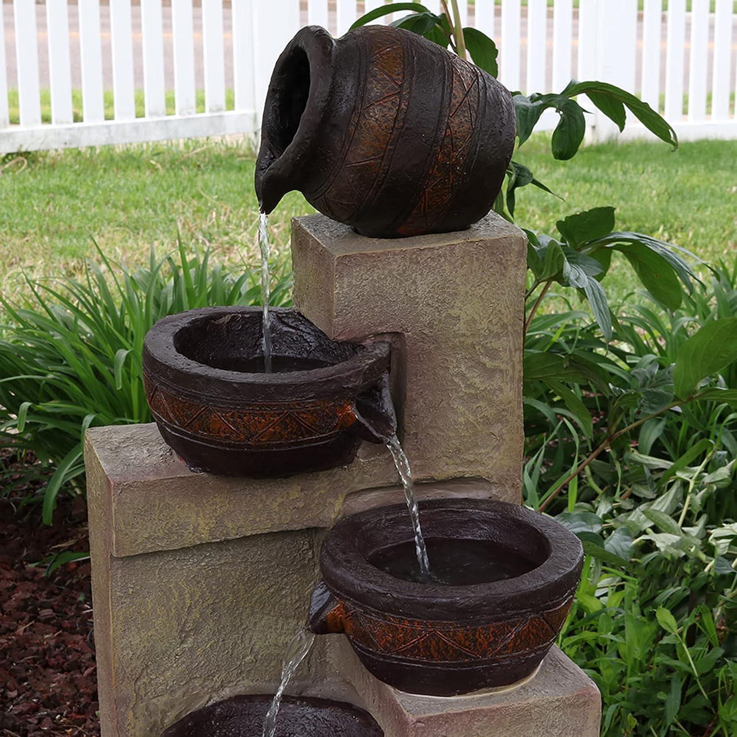 image:imageSunnydaze Cascading Terra Bowls Solar Water Fountain 30Inch Outdoor Water Feature with LED Light for Garden Patio Decks