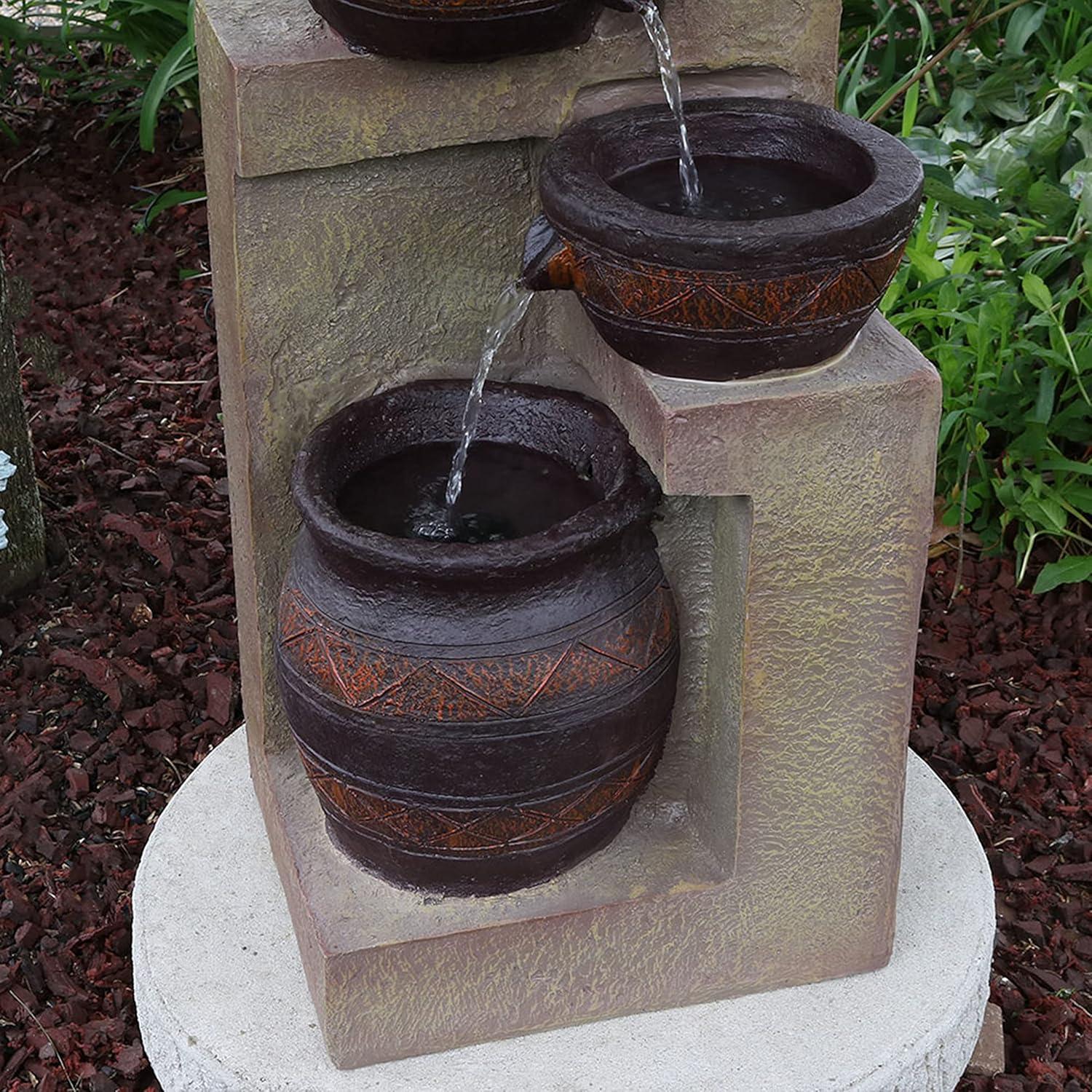 image:imageSunnydaze Cascading Terra Bowls Solar Water Fountain 30Inch Outdoor Water Feature with LED Light for Garden Patio Decks