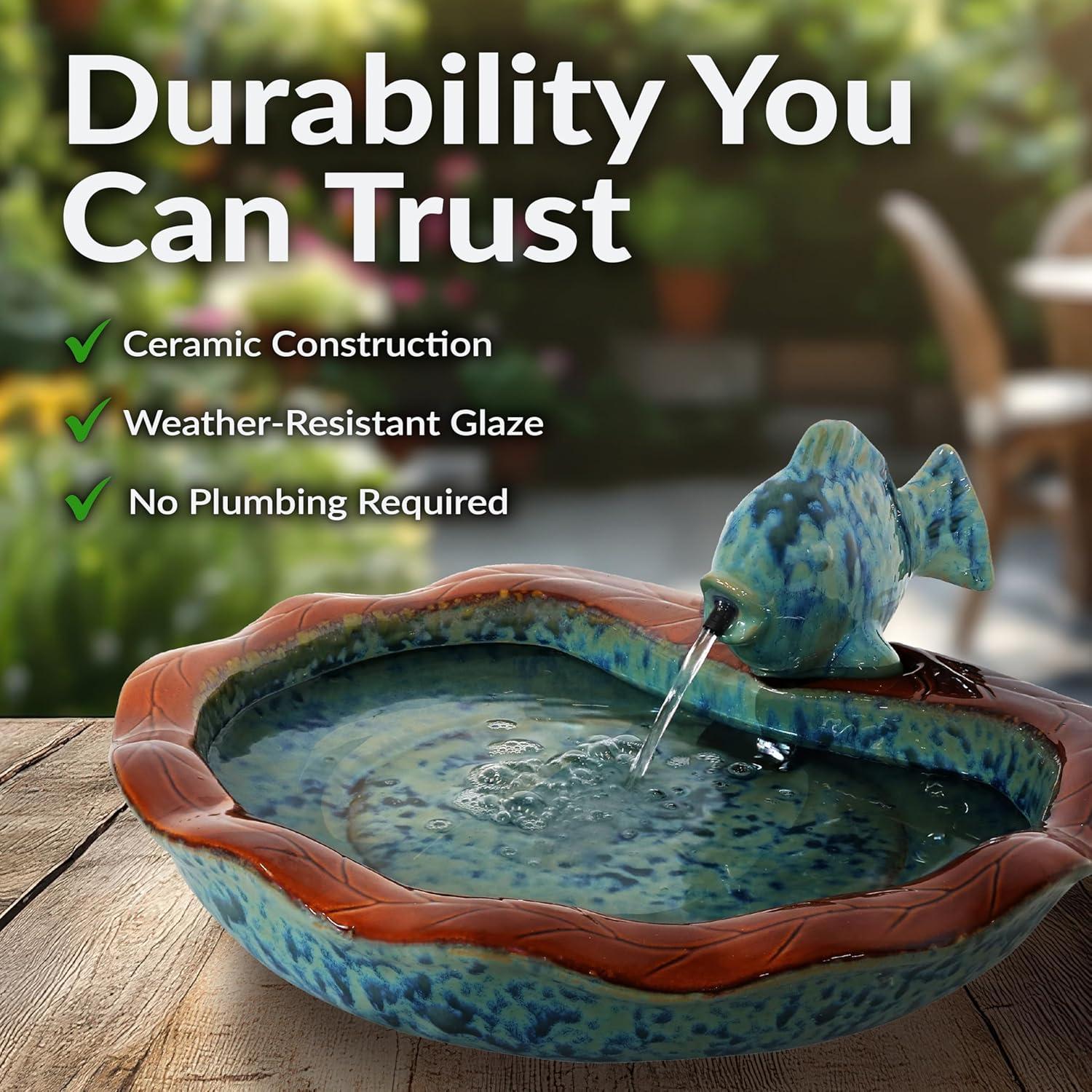 image:imageSunnydaze Glazed Ceramic Fish 7Inch Outdoor Garden Fountain Outdoor Tabletop Fountain for Patio Deck Garden Aqua and BrownAquaBrown