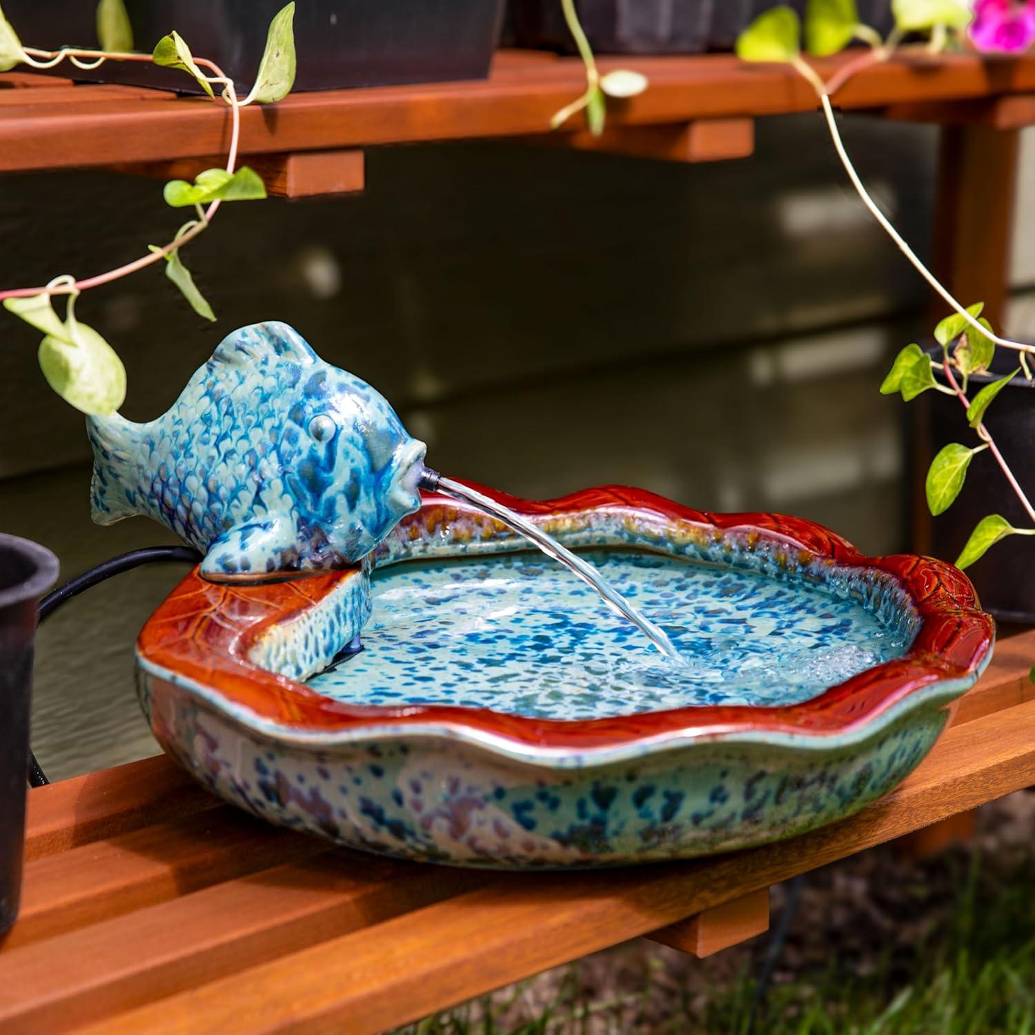 image:imageSunnydaze Glazed Ceramic Fish 7Inch Outdoor Garden Fountain Outdoor Tabletop Fountain for Patio Deck Garden Aqua and BrownAquaBrown