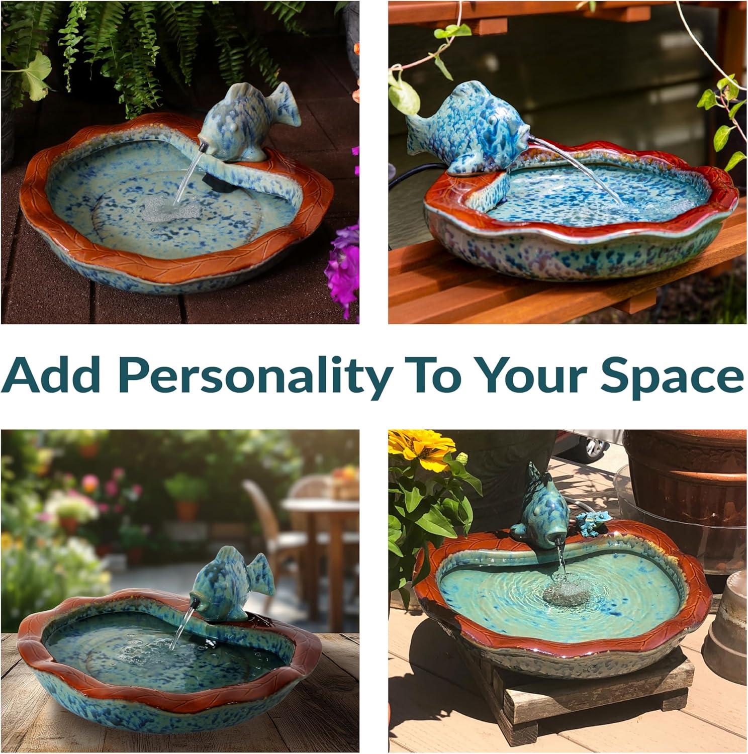 image:imageSunnydaze Glazed Ceramic Fish 7Inch Outdoor Garden Fountain Outdoor Tabletop Fountain for Patio Deck Garden Aqua and BrownAquaBrown