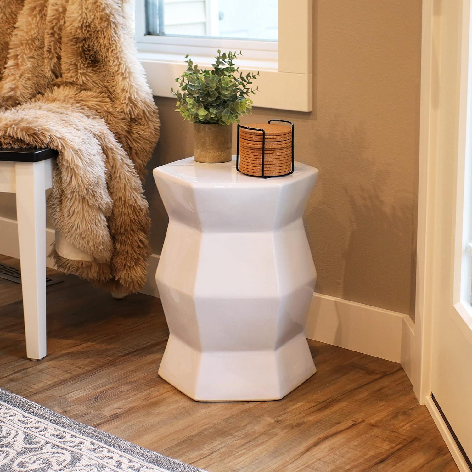 image:imageSunnydaze Marrakesh Ceramic Garden Stool Side Table with Lattice Design Indoor or Outdoor 1775Inch H White Glazed FinishWhite