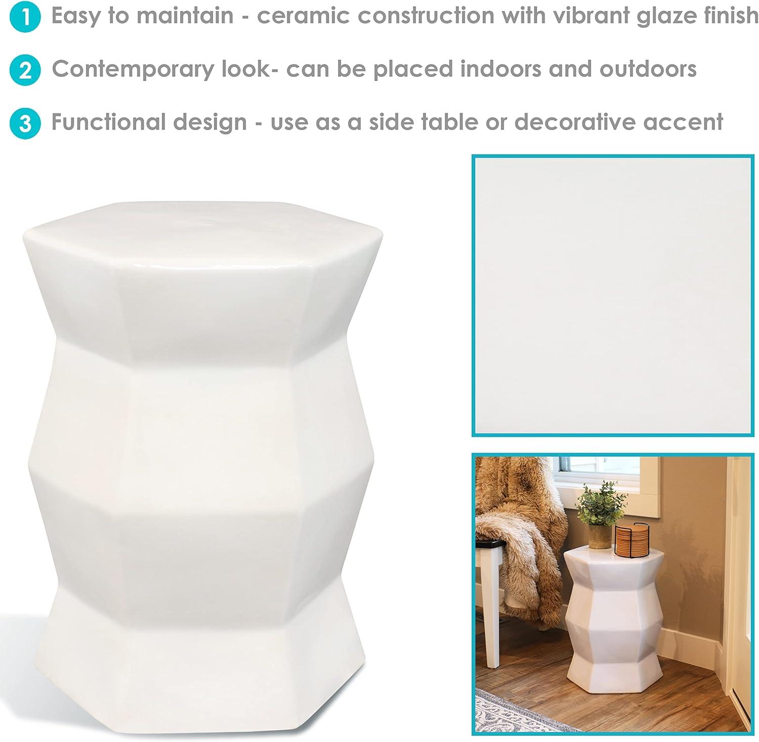 image:imageSunnydaze Marrakesh Ceramic Garden Stool Side Table with Lattice Design Indoor or Outdoor 1775Inch H White Glazed FinishWhite