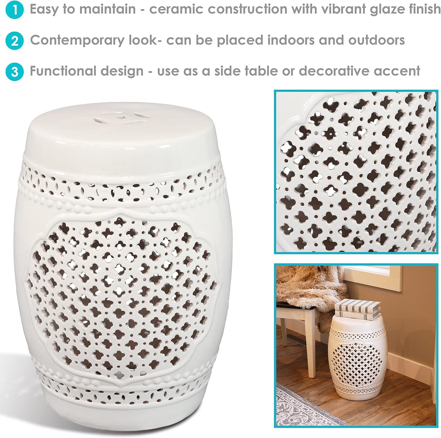 image:imageSunnydaze Marrakesh Ceramic Garden Stool Side Table with Lattice Design Indoor or Outdoor 1775Inch H White Glazed FinishWhite
