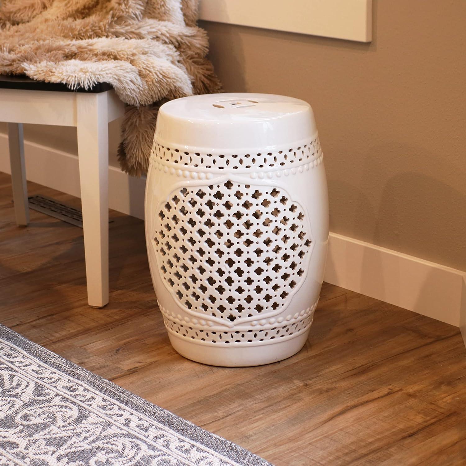 image:imageSunnydaze Marrakesh Ceramic Garden Stool Side Table with Lattice Design Indoor or Outdoor 1775Inch H White Glazed FinishWhite