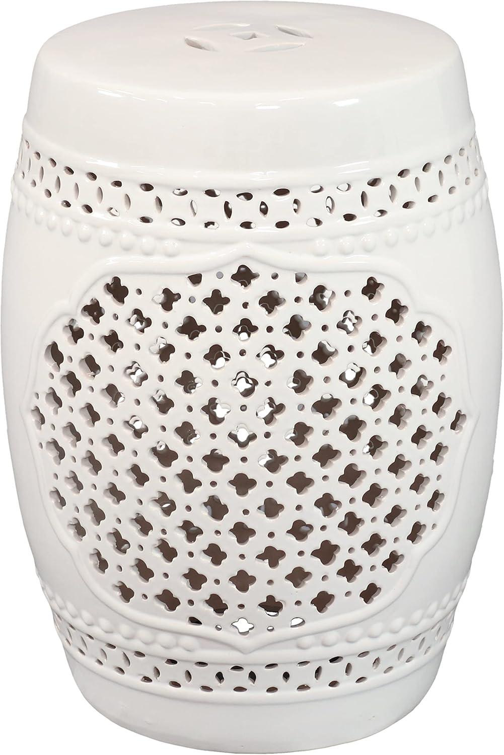 image:imageSunnydaze Marrakesh Ceramic Garden Stool Side Table with Lattice Design Indoor or Outdoor 1775Inch H White Glazed FinishWhite
