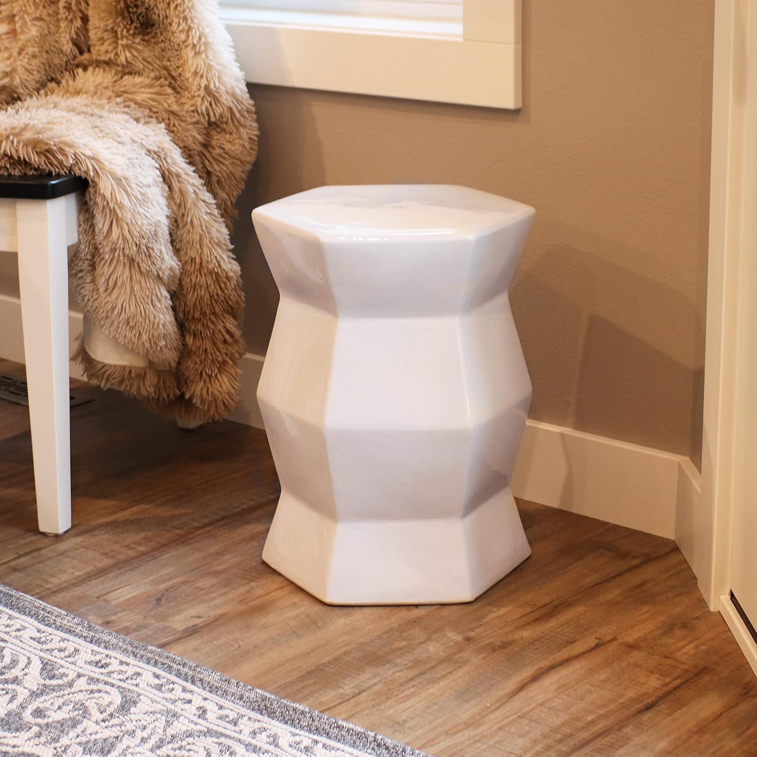 image:imageSunnydaze Marrakesh Ceramic Garden Stool Side Table with Lattice Design Indoor or Outdoor 1775Inch H White Glazed FinishWhite