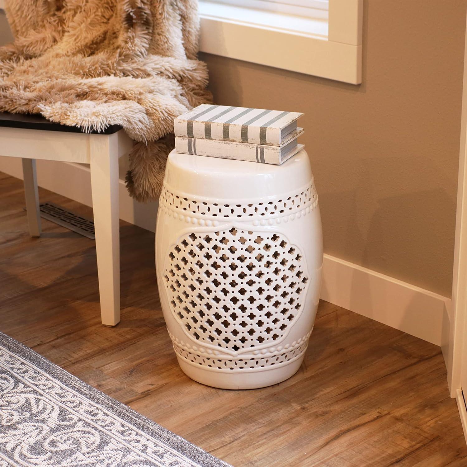 image:imageSunnydaze Marrakesh Ceramic Garden Stool Side Table with Lattice Design Indoor or Outdoor 1775Inch H White Glazed FinishWhite