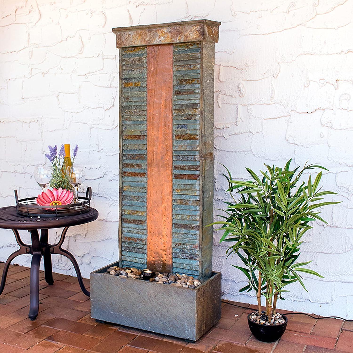 image:imageSunnydaze Rippled Slate 48Inch Outdoor Water Fountain Outdoor Water Feature with LED Light for Copper Accents for Patio Deck Garden