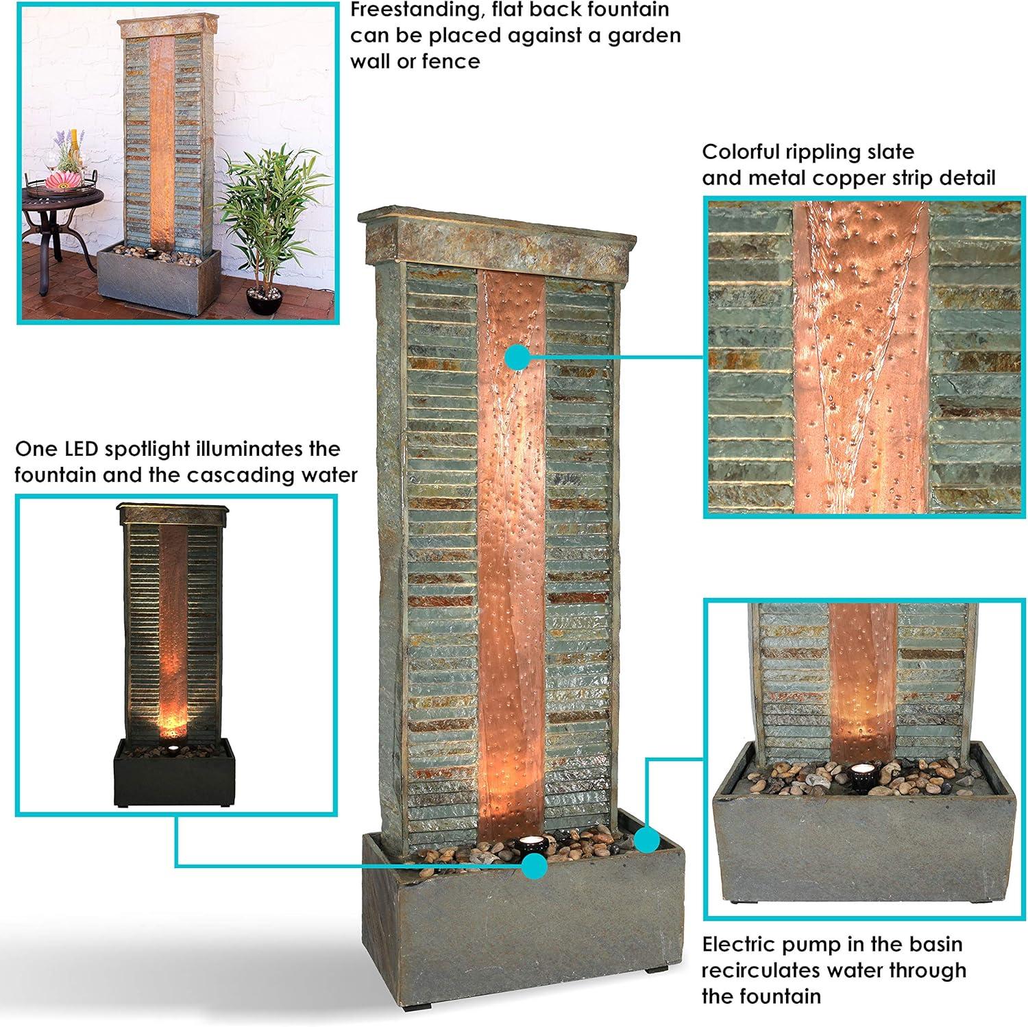 image:imageSunnydaze Rippled Slate 48Inch Outdoor Water Fountain Outdoor Water Feature with LED Light for Copper Accents for Patio Deck Garden