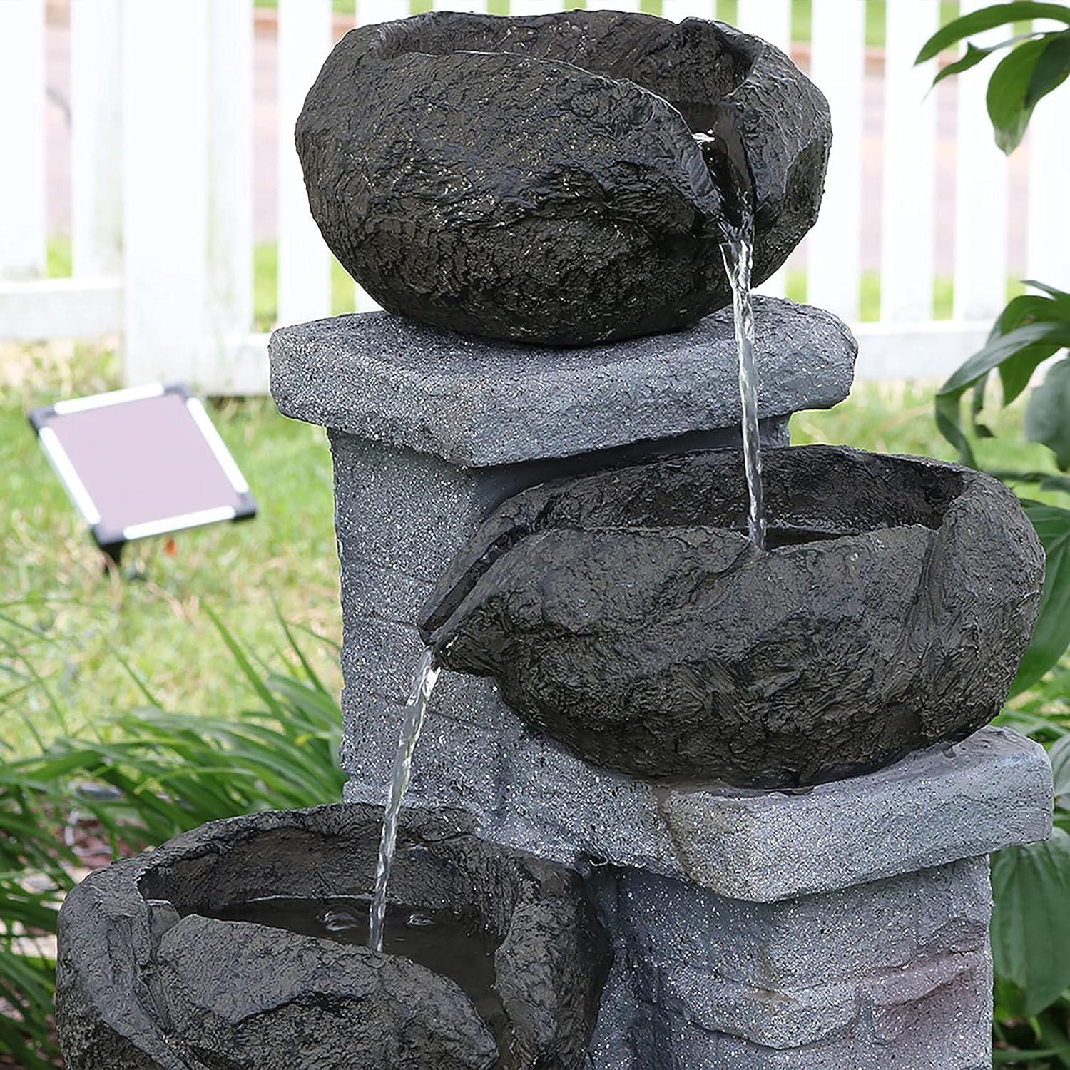 image:imageSunnydaze Stone Bowls 30Inch Solar Powered Fountain with Battery Backup and LED Lights for Garden Patio Yard or Balcony Polystone