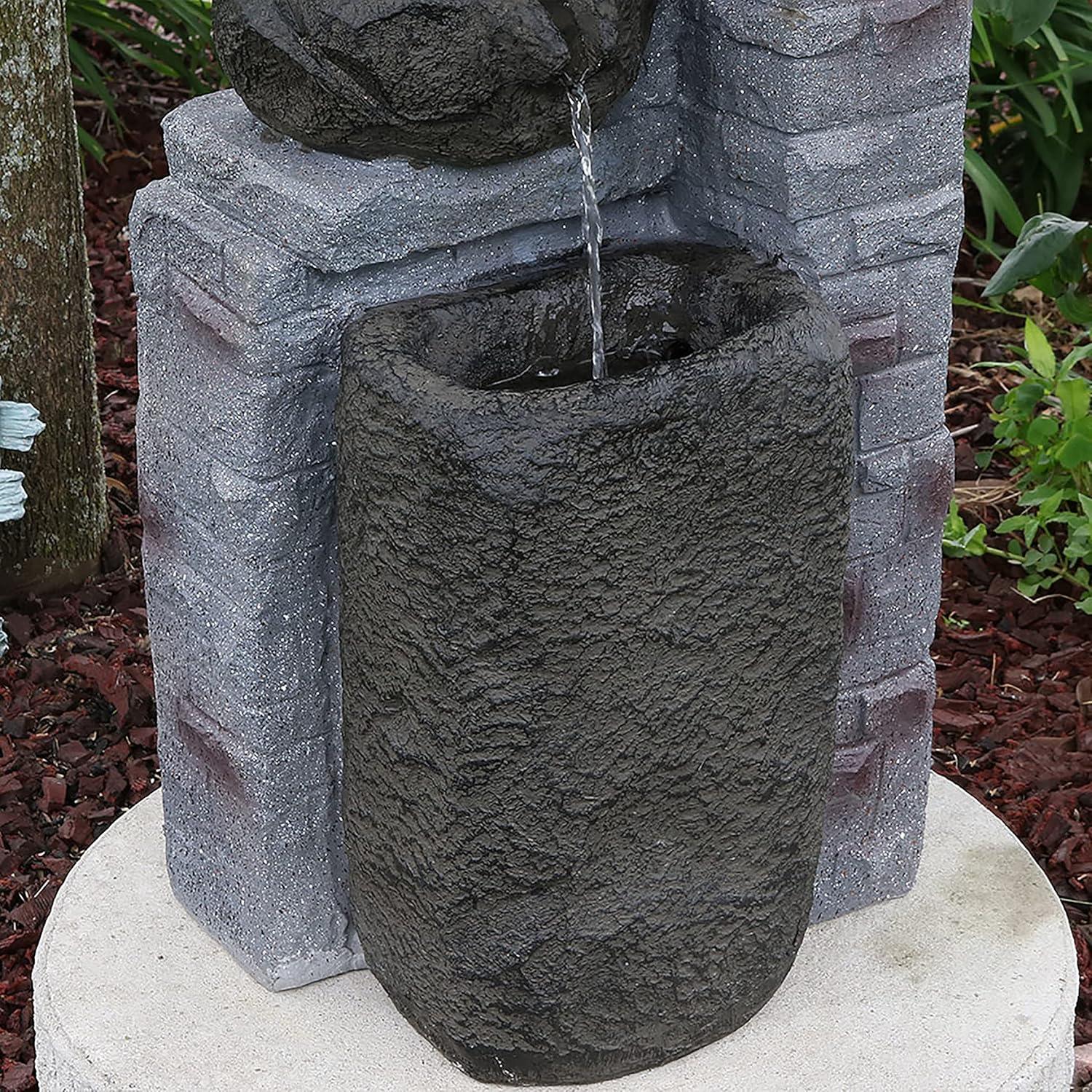 image:imageSunnydaze Stone Bowls 30Inch Solar Powered Fountain with Battery Backup and LED Lights for Garden Patio Yard or Balcony Polystone