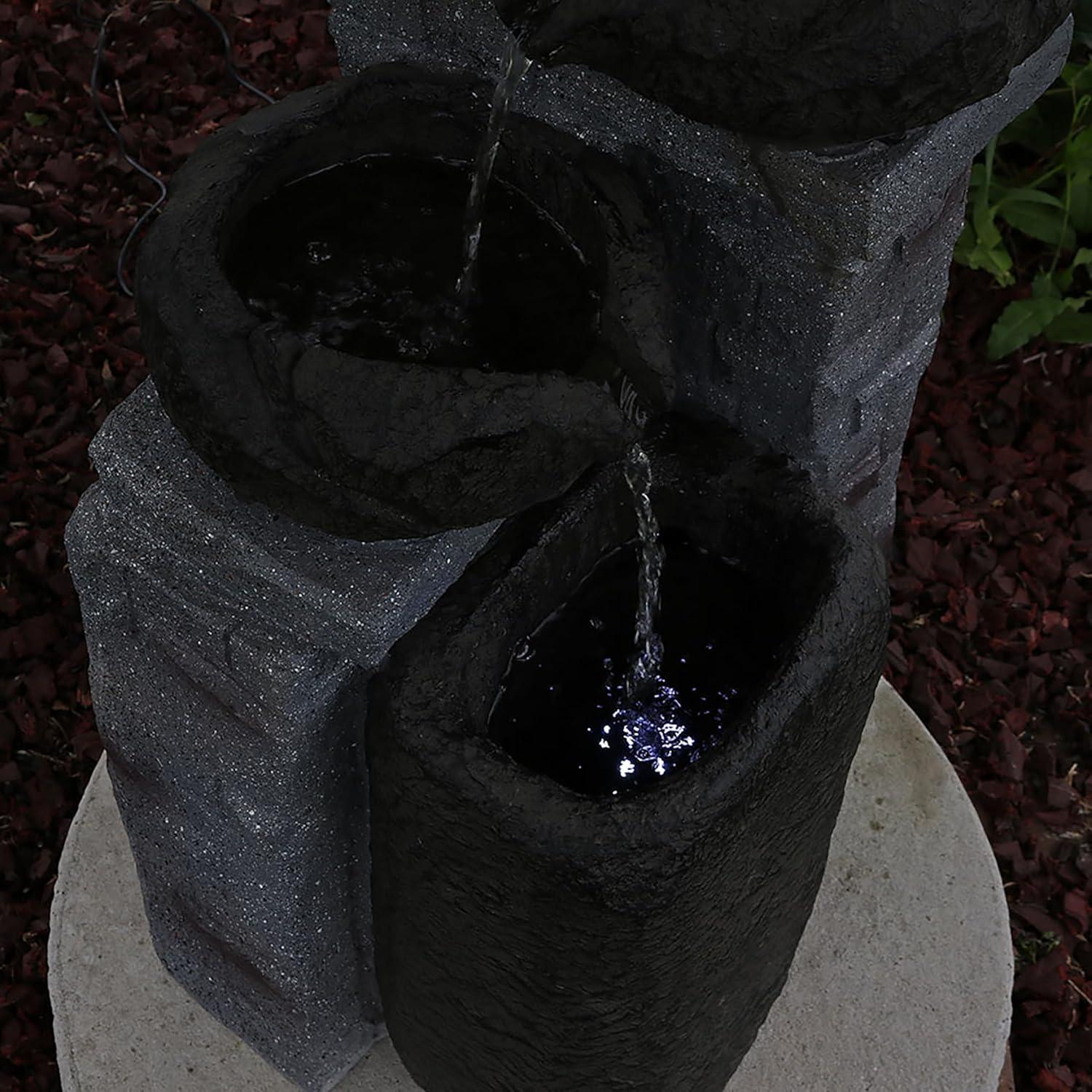image:imageSunnydaze Stone Bowls 30Inch Solar Powered Fountain with Battery Backup and LED Lights for Garden Patio Yard or Balcony Polystone