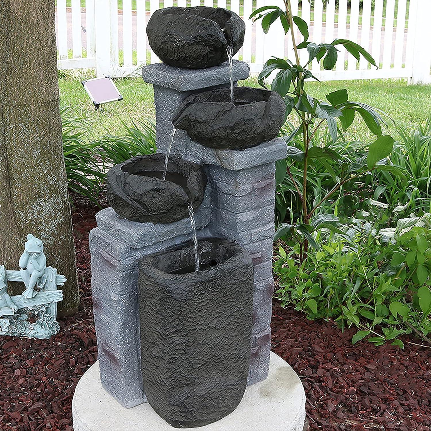image:imageSunnydaze Stone Bowls 30Inch Solar Powered Fountain with Battery Backup and LED Lights for Garden Patio Yard or Balcony Polystone