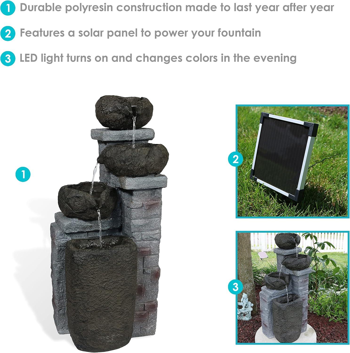 image:imageSunnydaze Stone Bowls 30Inch Solar Powered Fountain with Battery Backup and LED Lights for Garden Patio Yard or Balcony Polystone