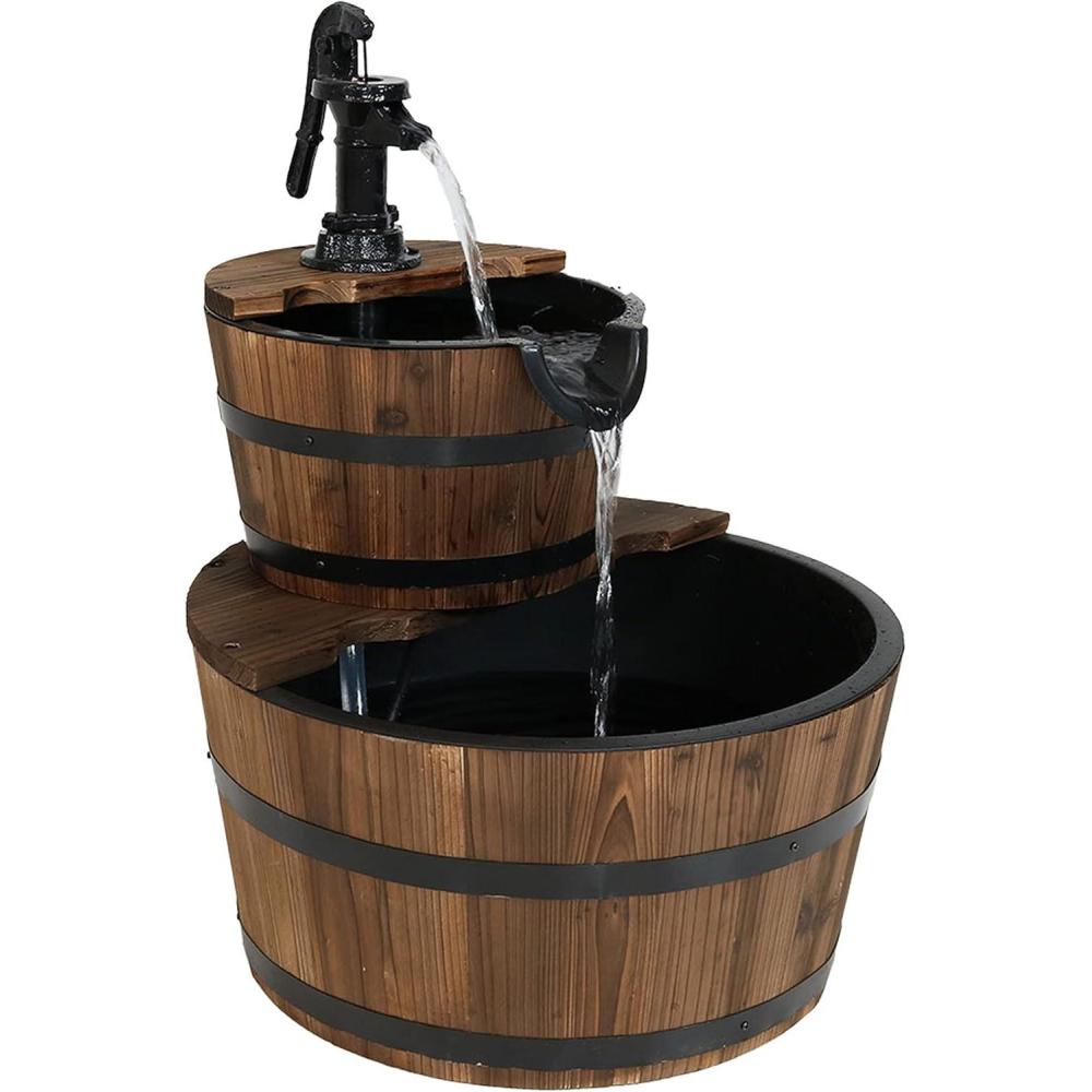 image:imageSunnydaze 2Tier Wood Barrel Water Fountain  34Inch Vintage Water Pump Fountain with Submersible Pump  for Garden Patio Decks23 H 2Tier