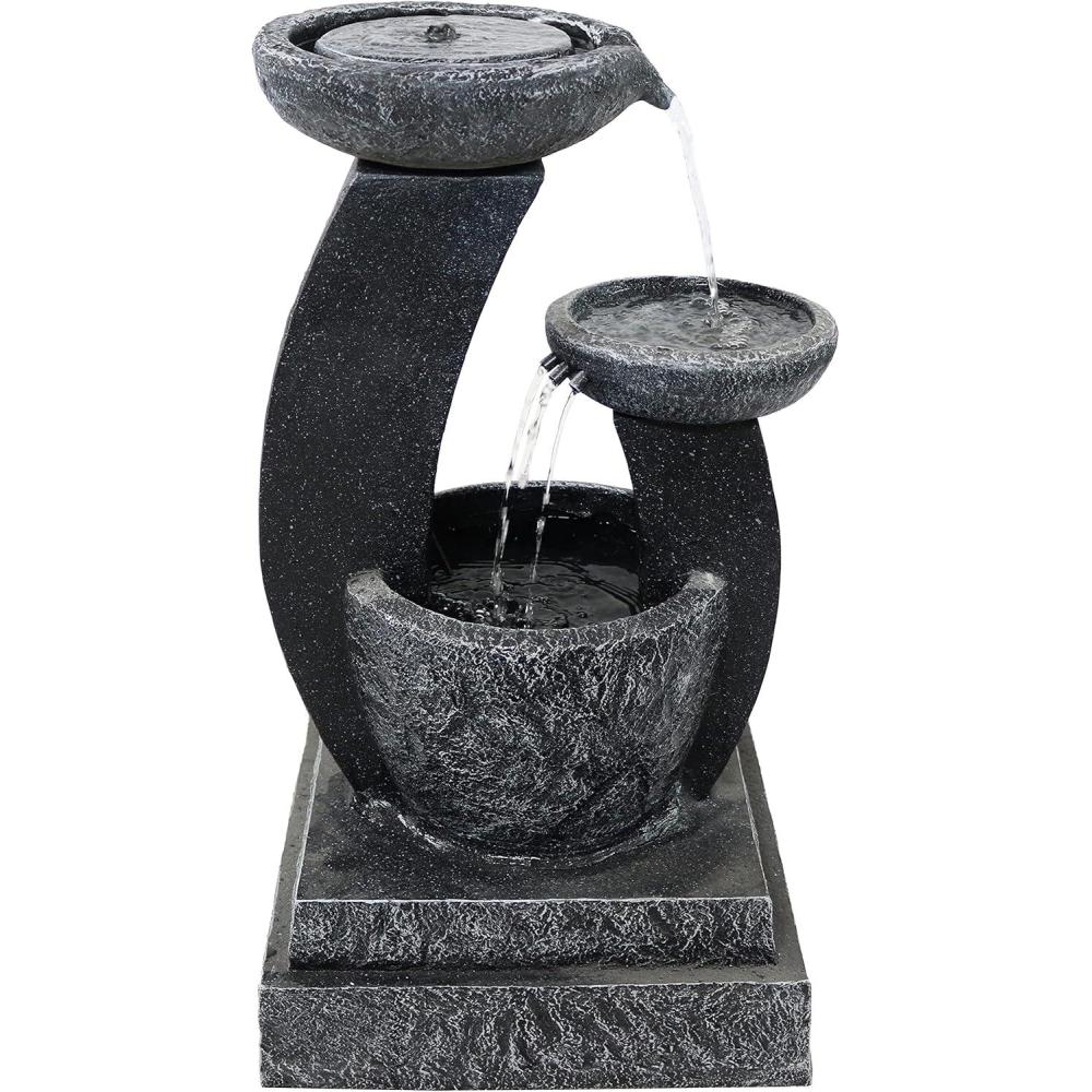 image:imageSunnydaze Modern Cascading Bowls 28Inch Solar Water Fountain with Battery Backup and LED Lights Submersible Pump