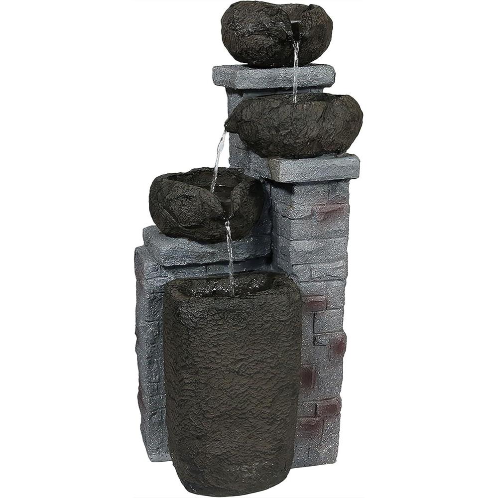 image:imageSunnydaze Stone Bowls 30Inch Solar Powered Fountain with Battery Backup and LED Lights for Garden Patio Yard or Balcony  Polystone