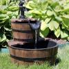 Sunnydaze 2-Tier Wood Barrel Water Fountain – 34-Inch Vintage Water Pump Fountain with Submersible Pump – for Garden, Patio, Decks(23″ H 2-Tier)