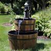 Sunnydaze 2-Tier Wood Barrel Water Fountain – 34-Inch Vintage Water Pump Fountain with Submersible Pump – for Garden, Patio, Decks(34″ H 2-Tier)