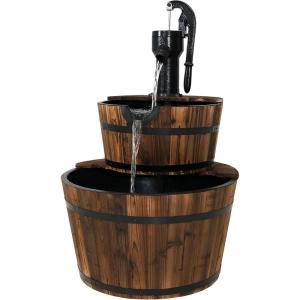 Sunnydaze 2-Tier Wood Barrel Water Fountain – 34-Inch Vintage Water Pump Fountain with Submersible Pump – for Garden, Patio, Decks(34″ H 2-Tier)