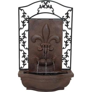 Sunnydaze 33″ Outdoor Wall Water Fountain with Pump and Panel – Florentine Finish – French Lily – Solar-Powered(Iron)