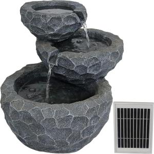 Sunnydaze 3-Tier Chiseled Basin 17-Inch Solar Powered Fountain with Battery Backup for Garden, Patio, Yard or Balcony – Polyresin