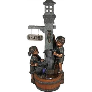 Sunnydaze 40-Inch Children Playing with Faucet Outdoor Water Fountain – Outdoor Water Feature with LED Light for Garden, Patio, Yard or Balcony
