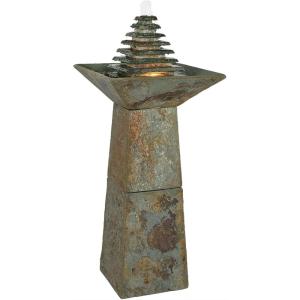 Sunnydaze 40-Inch Slate Outdoor Water Fountain – Layered Pyramid Outdoor Water Feature with LED Lights for Patio, Deck, Garden