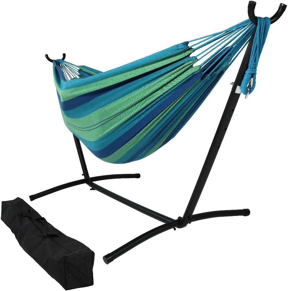image:imageSunnydaze Double Brazilian Hammock with Stand and Carrying Case 400Pound Capacity Black Stand Calming DesertBeach Oasis
