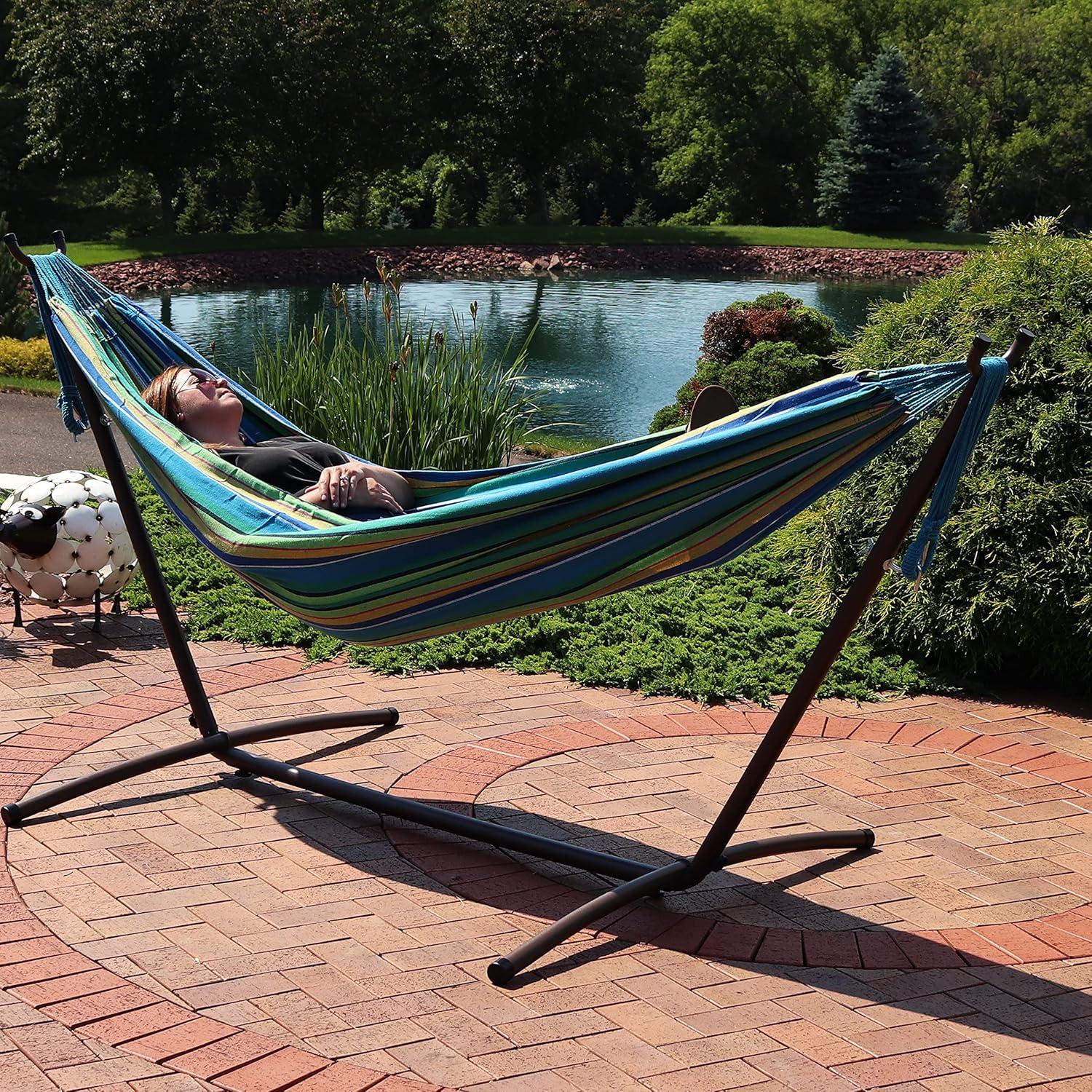 image:imageSunnydaze Double Brazilian Hammock with Stand and Carrying Case 400Pound Capacity Black Stand Calming DesertSea Grass