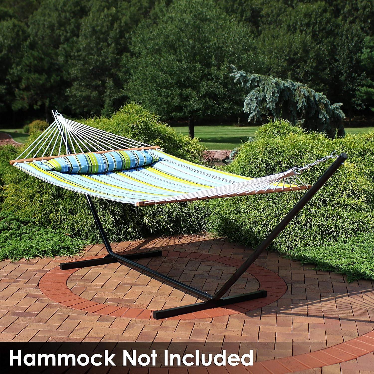 image:imageSunnydaze Double Hammock Stand for Outside 350Pound Capacity IndoorOutdoor Hammock Frame Black PowderCoated Finish 12FootBlack