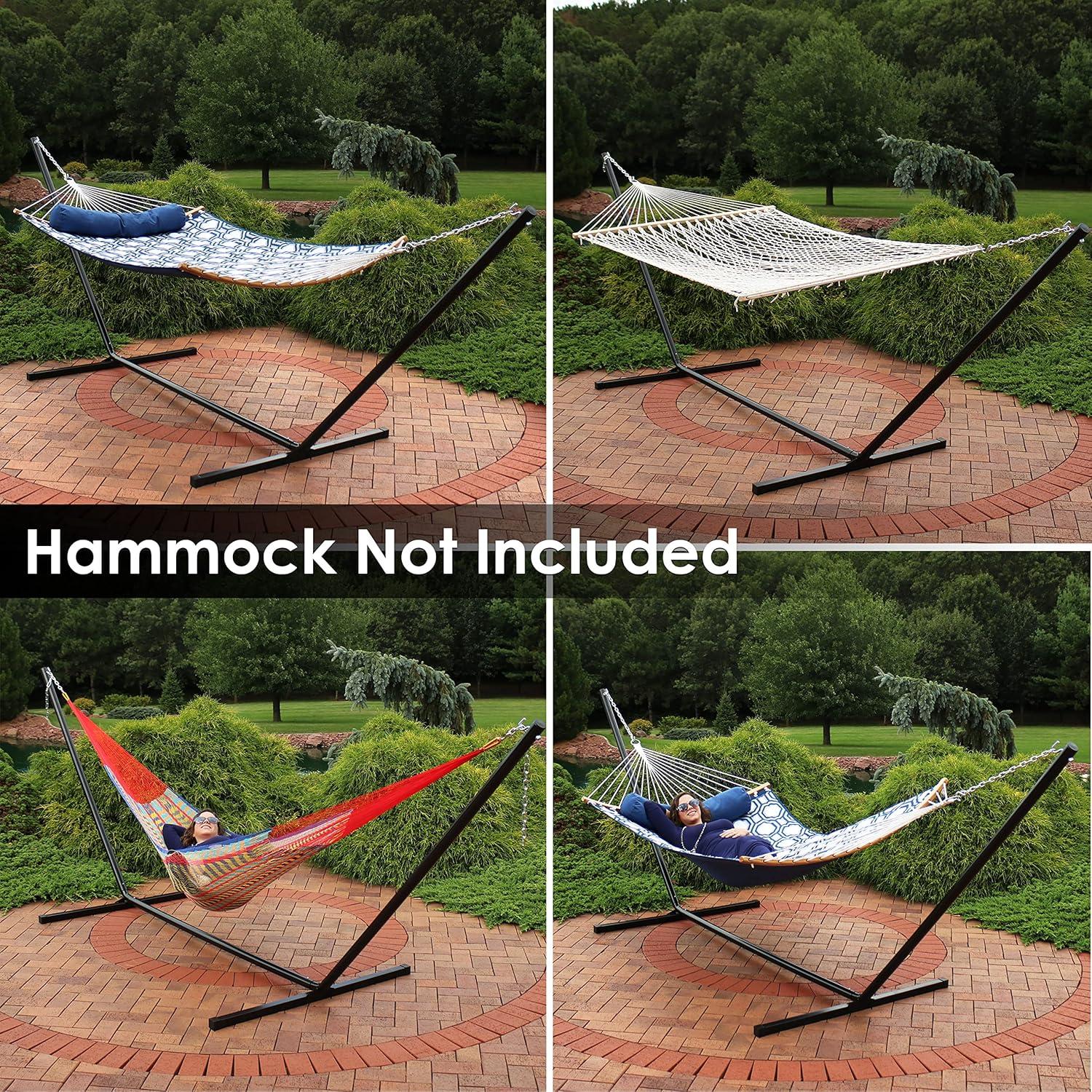 image:imageSunnydaze Double Hammock Stand for Outside 350Pound Capacity IndoorOutdoor Hammock Frame Black PowderCoated Finish 12FootBlack
