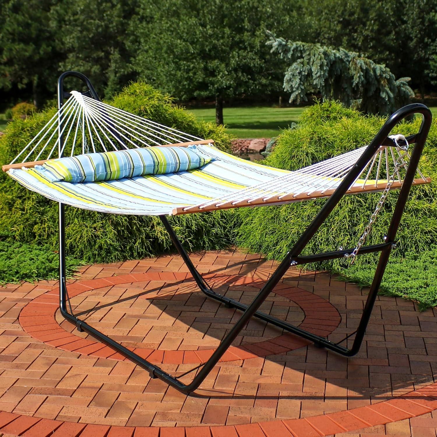 image:imageSunnydaze Double Quilted Fabric Hammock with Universal Steel Stand 450Pound Capacity Black Stand Misty BeachBlue and Green