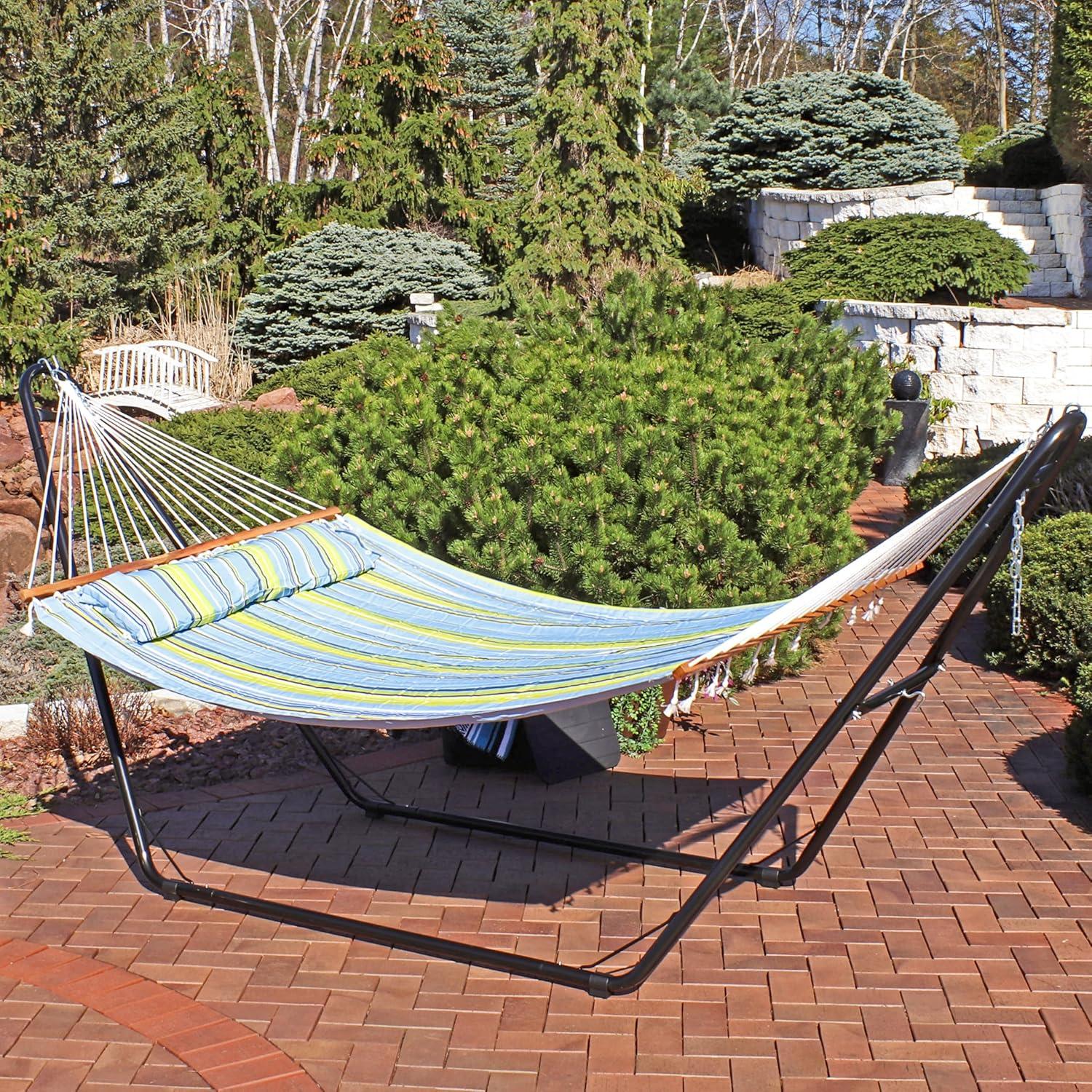 image:imageSunnydaze Double Quilted Fabric Hammock with Universal Steel Stand 450Pound Capacity Black Stand Misty BeachBlue and Green
