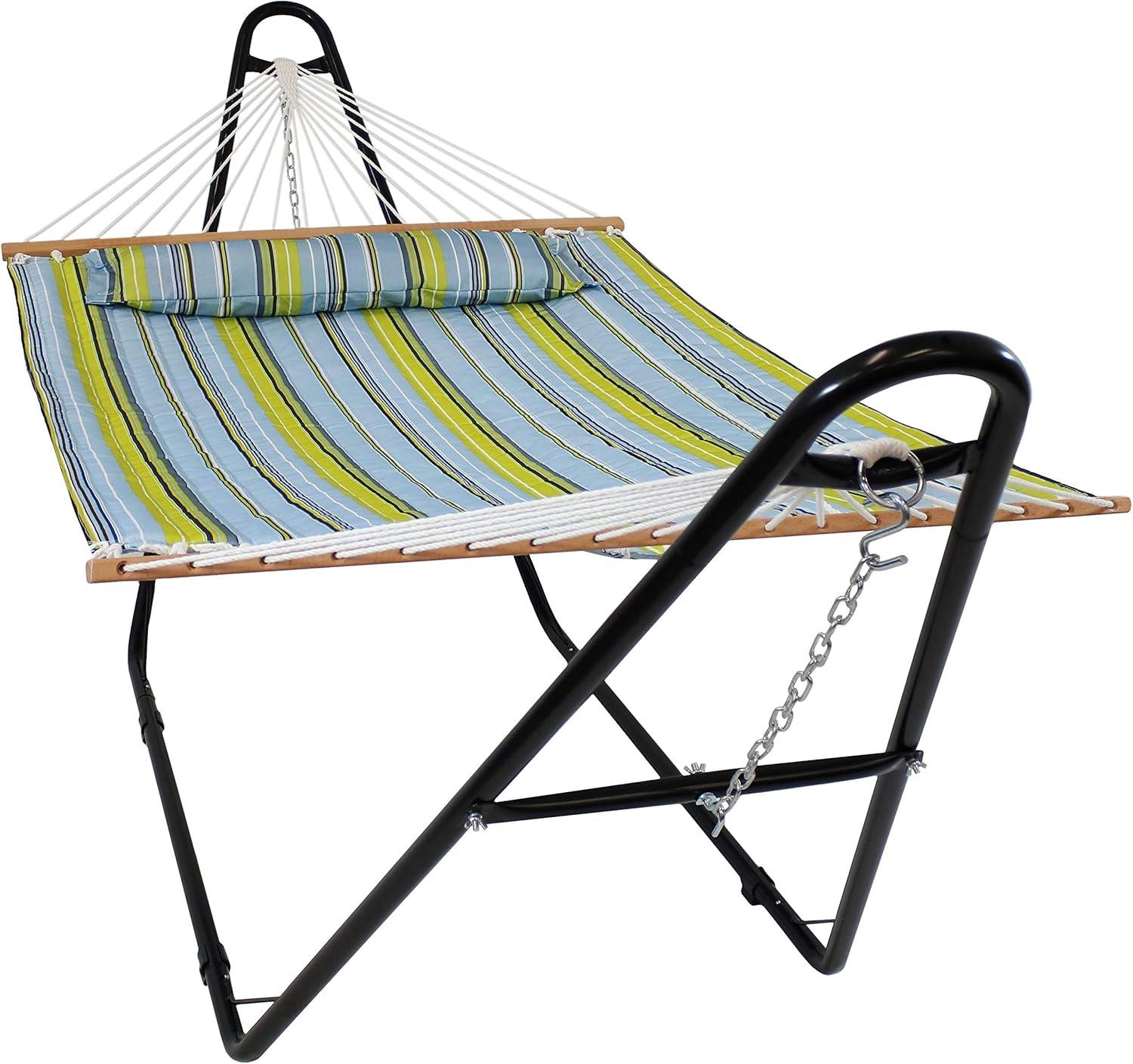 image:imageSunnydaze Double Quilted Fabric Hammock with Universal Steel Stand 450Pound Capacity Black Stand Misty BeachBlue and Green