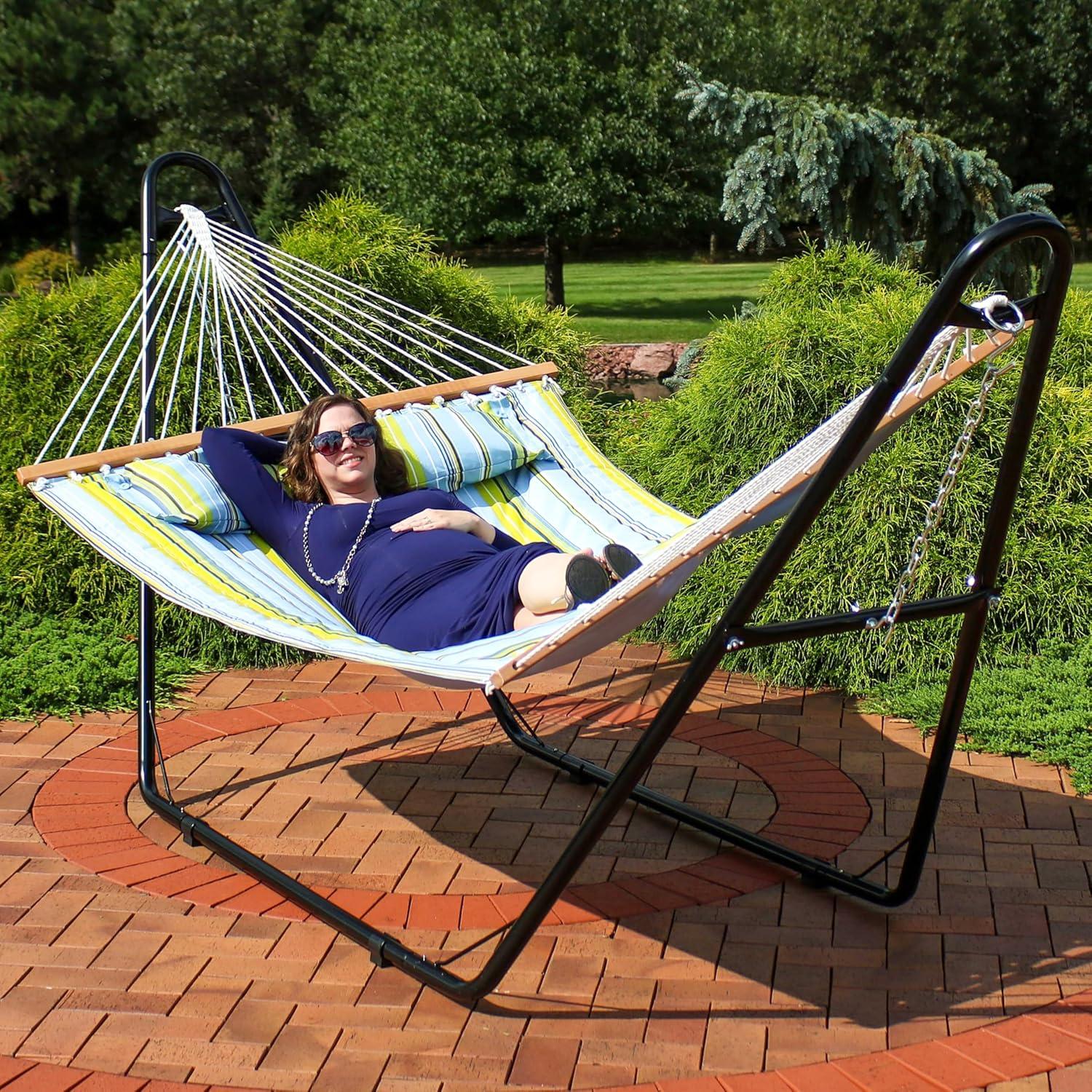 image:imageSunnydaze Double Quilted Fabric Hammock with Universal Steel Stand 450Pound Capacity Black Stand Misty BeachBlue and Green