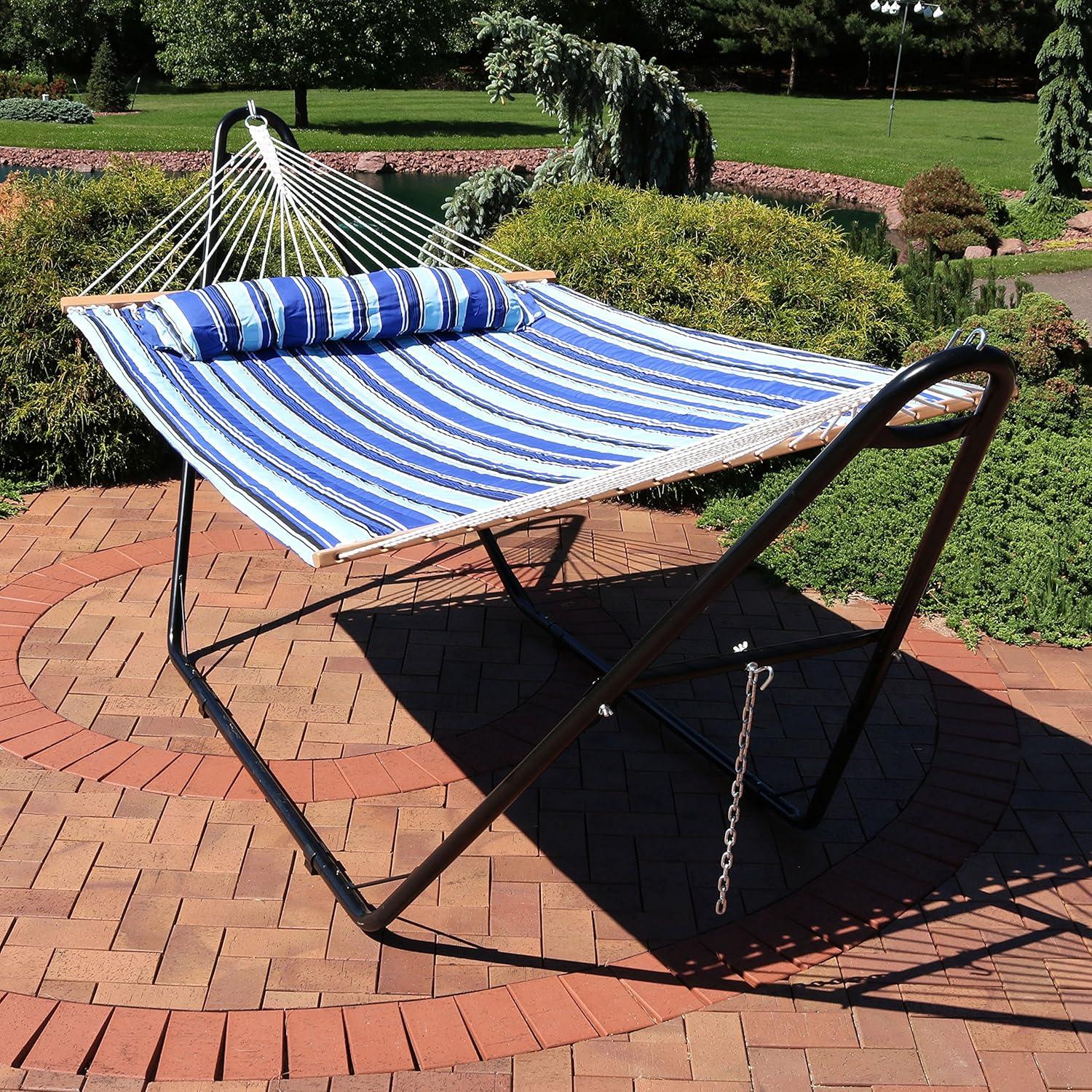 image:imageSunnydaze Double Quilted Fabric Hammock with Universal Steel Stand 450Pound Capacity Black Stand Misty BeachCatalina Beach