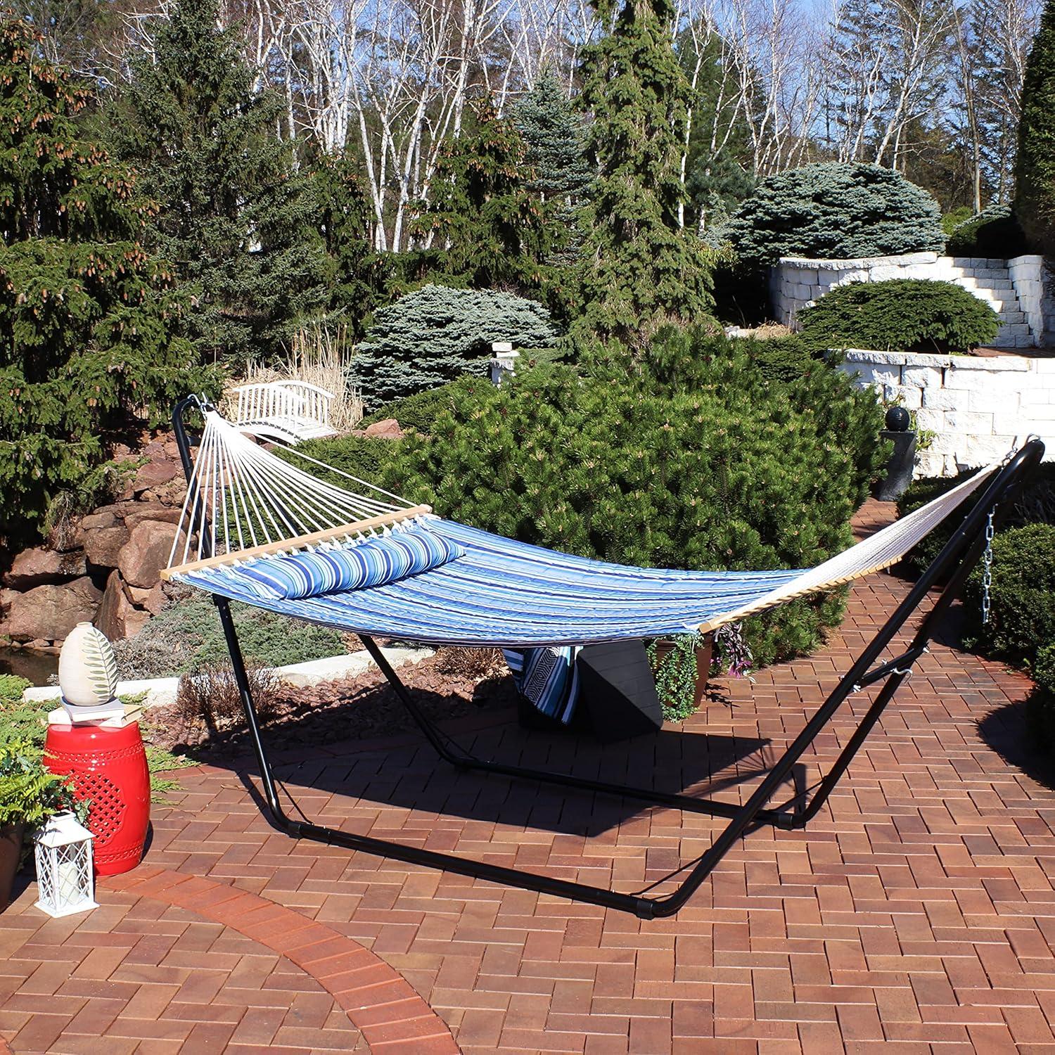 image:imageSunnydaze Double Quilted Fabric Hammock with Universal Steel Stand 450Pound Capacity Black Stand Misty BeachCatalina Beach