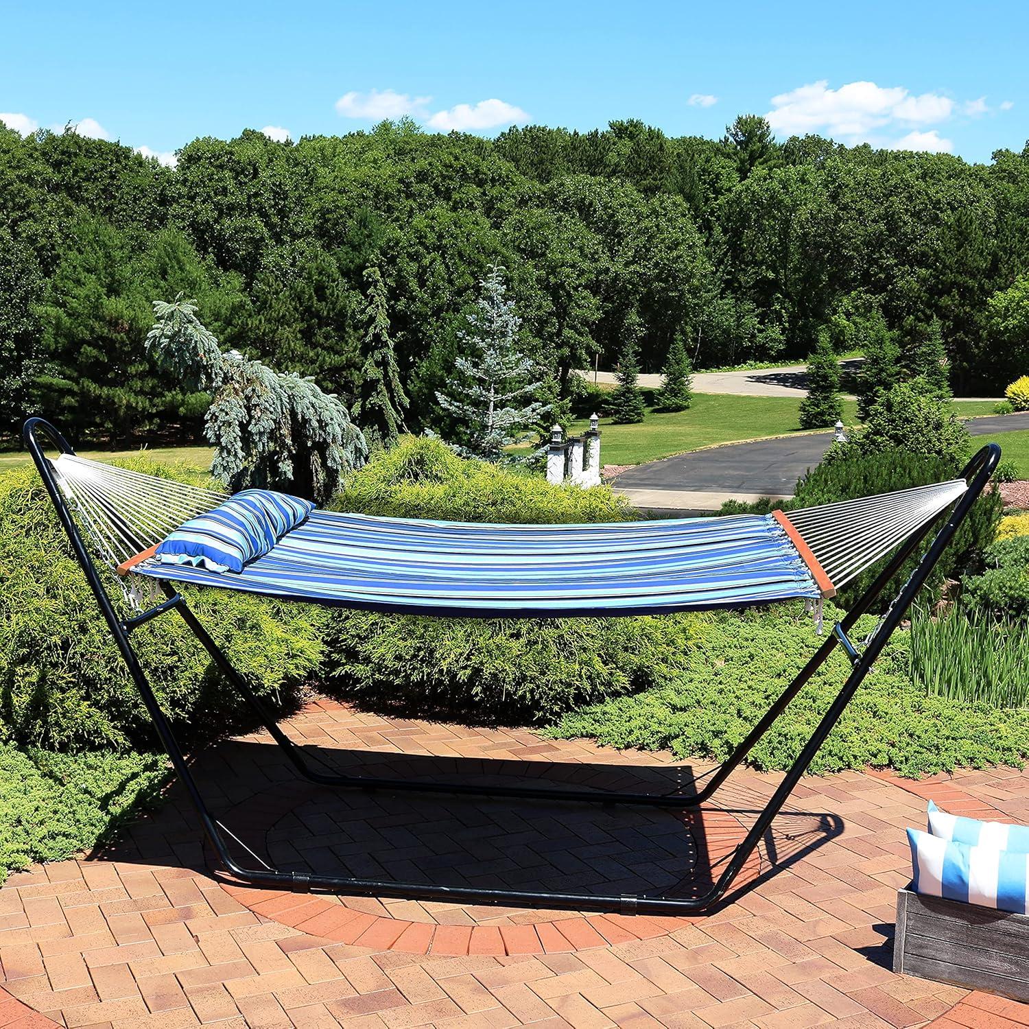 image:imageSunnydaze Double Quilted Fabric Hammock with Universal Steel Stand 450Pound Capacity Black Stand Misty BeachMisty Beach