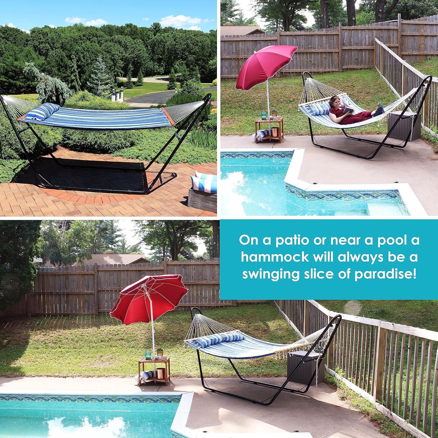 image:imageSunnydaze Double Quilted Fabric Hammock with Universal Steel Stand 450Pound Capacity Black Stand Misty BeachMisty Beach